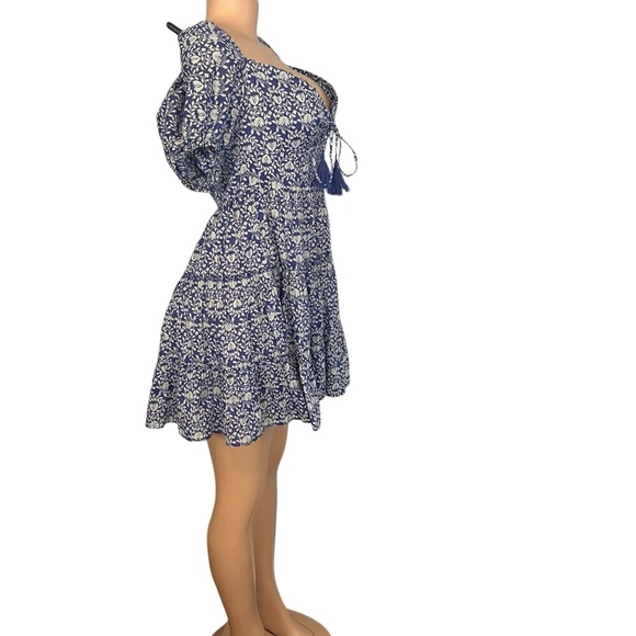 3/$30 🍂Zara Women Blue Floral A-Line Mini Dress Short Puff Sleeve Tassels Tiered - Picture 5 of 10